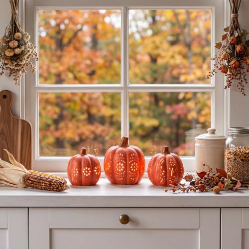 3-Piece Fall Ceramic Pumpkin Lights Set - Orange LED Halloween Decor