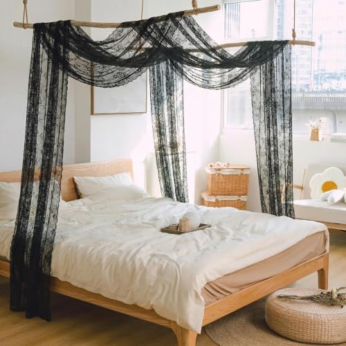 NAPEARL Black Lace Bed Curtain - 57 x 216 Inch Floral Drapery for Canopy & Window Decor - Variation: Black Ginkgo Lace 54"W x 216"L