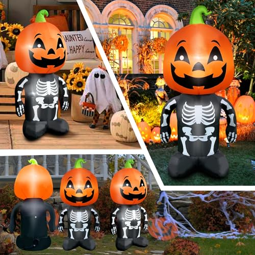 4FT Inflatable Skeleton with Pumpkin Head Lighted Halloween Decoration for Yard Porch Garden