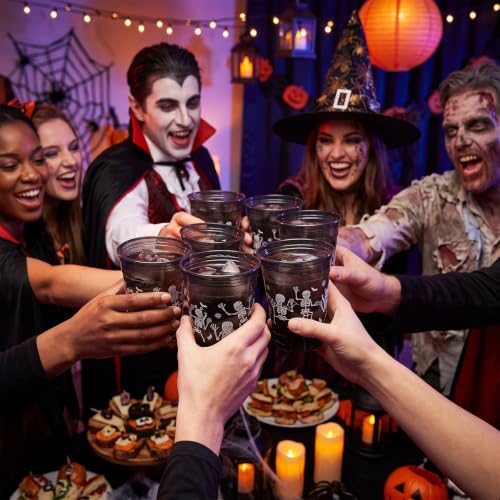 Halloween Skeleton Plastic Cups - 100 Pcs 12 oz Disposable Black Skeleton Variations