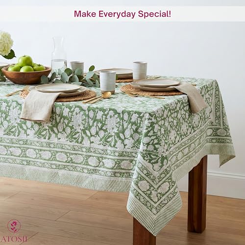 Cotton Blockprint Rectangle Tablecloth - Meraki Green 108x60 Inches - Handmade, Fair Trade