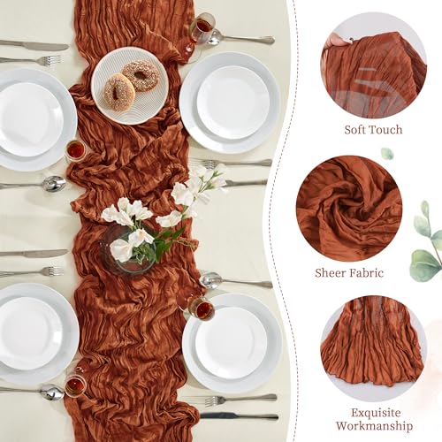 Boho Style Cheesecloth Table Runner with Pink Silk Roses for Wedding & Party Decor