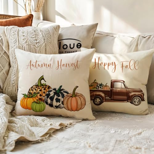 Coffee 2-Pack Fall Pumpkin Truck Throw Pillow Covers 18x18 Inches Farmhouse Decor