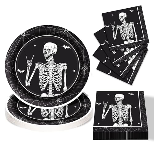 Halloween Paper Plates and Napkins Set - Skeleton Design, 50 Pcs - Halloween