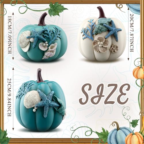 Blue Ocean Fall Pumpkin Decor Set - 3 Resin Autumn Pumpkins with Gold Stems & Sea Details - Coastal Thanksgiving & Halloween Home Decor - Variation of THIS listing