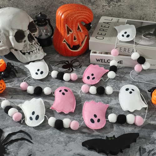 Halloween Felt Ghost Garland - Pre-Strung Pink & White Ghosts with Felt Balls, 8.2 Feet Home Holiday Decor