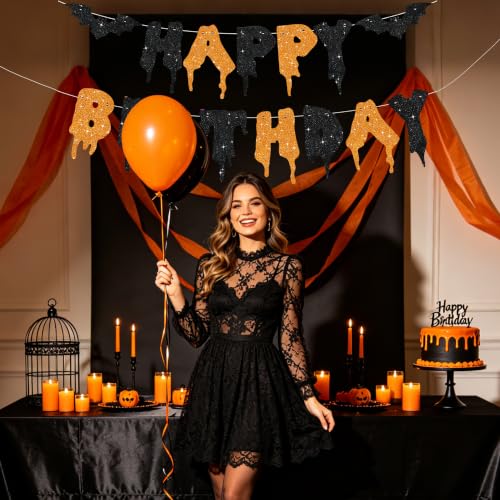 Halloween Banner Decorations - Glitter Happy Birthday Banner with Dripping Blood & Bat Design - Black & Orange - No DIY