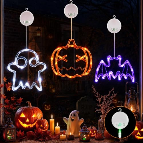 Rechargeable Halloween Window Lights Set of 3 - Pumpkin, Ghost, Bat Shapes