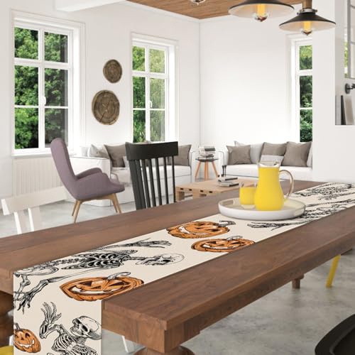 Halloween Table Runner 72x13 Inch Pumpkin Skeleton Fall Kitchen Decor