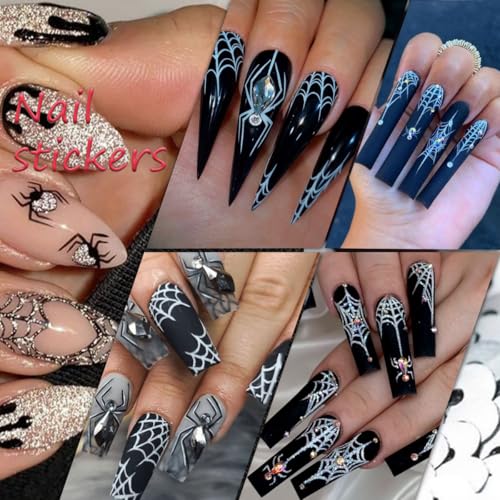 Flower Nail Stickers-5 Sheets Halloween Spider Web Rhinestones & Star Design Decals