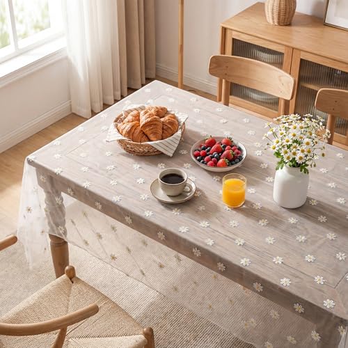 White Embroidery Daisy Tablecloth 60x120 Inch Rectangular - Durable Polyester
