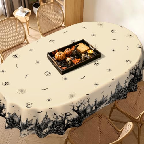 Beige Halloween Pumpkin Ghost Tablecloth 102x60 Inch Fall Decor
