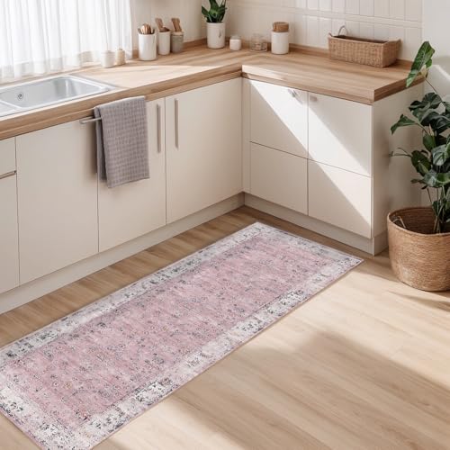 Pink Boho 2x6 ft Washable Hallway Runner Rug - Non Slip Vintage Entryway Carpet
