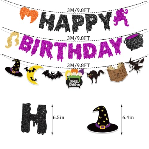 Halloween Birthday Banner Decorations Witches Glitter Black - 3 Pack