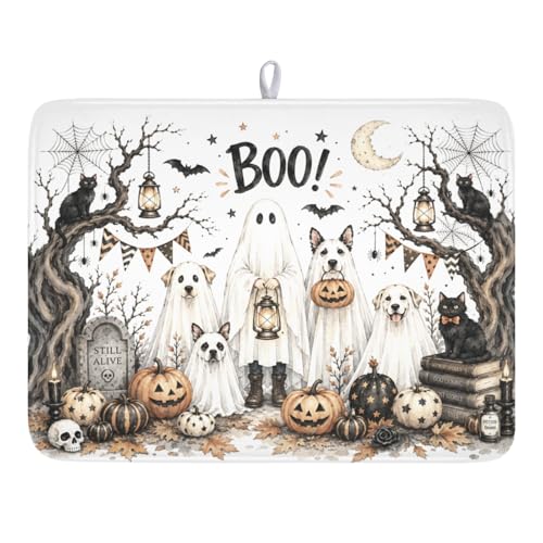 Halloween Dog Dish Drying Mat Ghost 18x24 Inch Absorbent Non-Slip