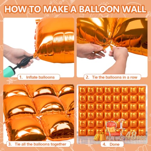 Orange Square Foil Balloons Wall Backdrop - 48PCS, 19x19 Inches, Reusable Party Decor (Variation C01)