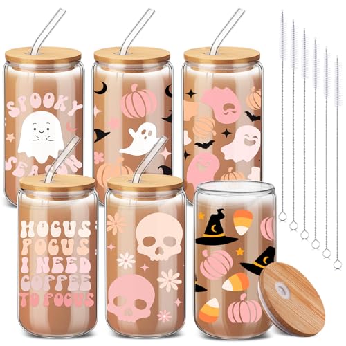 Halloween Ghost Glass Cups with Lids & Straws - 6 Pack, 16 oz - Pink Ghost Variation