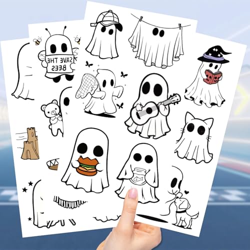 Cute Ghost Temporary Tattoos 10 Sheets Halloween Ghost Sticker Set Waterproof & Non-Toxic
