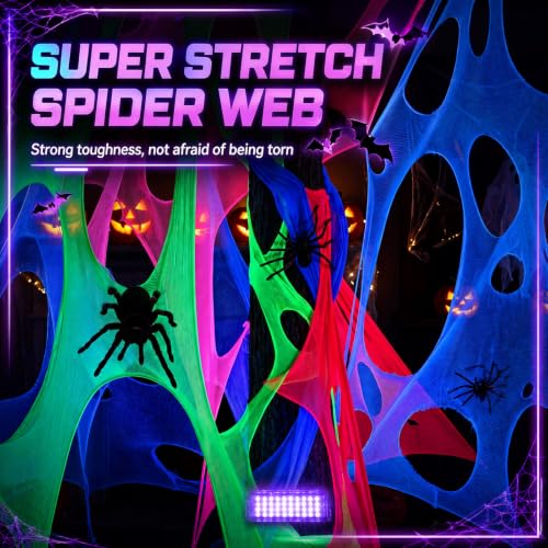 Glow in The Dark Halloween Spider Web 1500 Sq Ft with Black Light & Stakes - 5 Colors