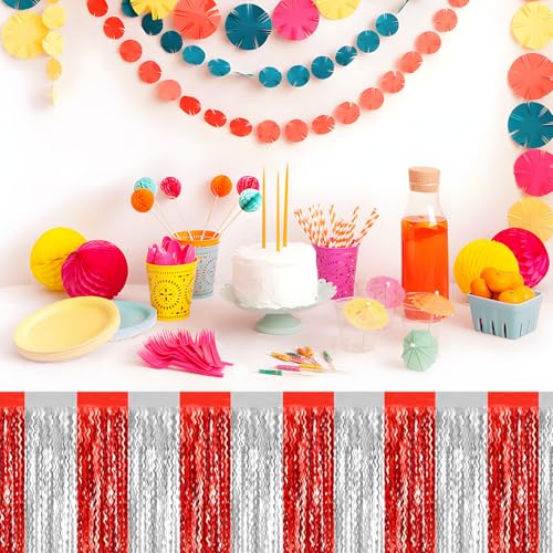 Red Silver Wave Foil Fringe Table Skirt - 29x108 Inch Party Decoration