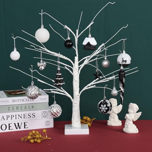 Black, White & Silver Holiday Ornaments Set - 124 Pcs Christmas Tree Decorations - Snowflake, Icicle, Baubles, House & Star Shapes - Variation: Black & White