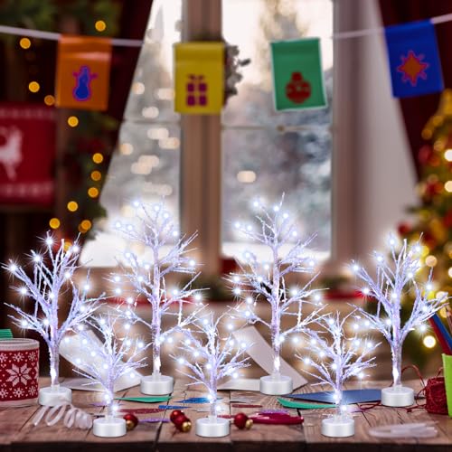 7 Pack LED Birch Tree Village Decor with Lights for Christmas & Holiday Scene