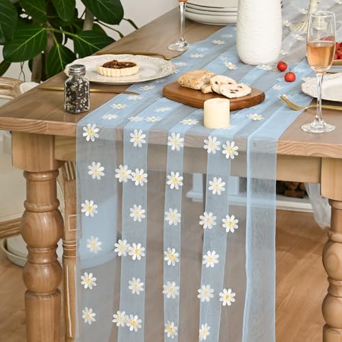 28x120 Inch Sky Blue Daisy Gauze Embroidery Table Runner for Dining & Holiday Decor