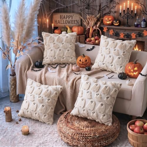 Halloween Throw Pillow Covers 18x18 Inch Set of 4 Beige Ghost - Fall Decor