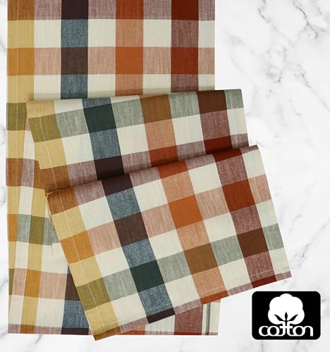 Harvest Plaid Cotton Table Runner - Rust Ivory Multi, 13x72 inches