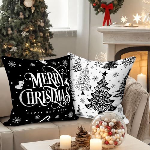 Black Christmas Pillow Covers Set of 4 24x24 Holiday Cushion Cases Winter Decor