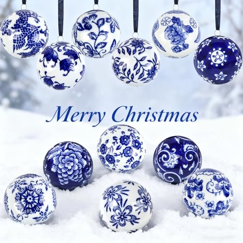 Blue Ceramic Christmas Ornament Balls - 12 Pcs Chinese Style Hanging Decor - Circular Variation