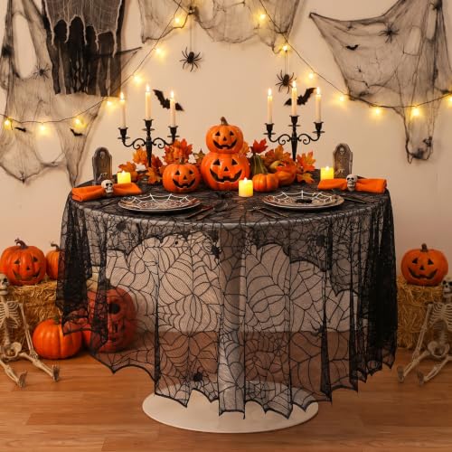 Halloween Black Lace Tablecloth 70 inch Round Spider Web Decor - Black