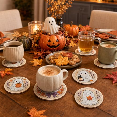 Halloween Ghost Diamond Art Coasters Set with Holder - Wooden DIY Fall Table Decor