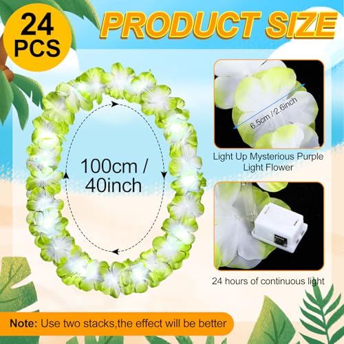 LED Light Up Hawaiian Flower Leis Necklace - Emerald Green, 24 Pcs