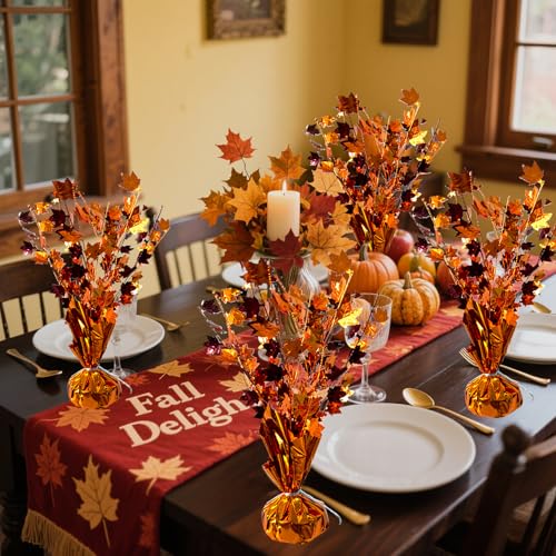 Fall Maple Leaves Table Centerpiece - Metallic Autumn Harvest Thanksgiving Decor - Gold, Orange, Red, Burnt Orange - 6 Pack