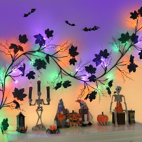 9FT LED Halloween Garland with Purple, Green & Orange Lights, Black Leaves, Battery Operated
