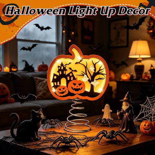 Halloween Pumpkin Tree Topper 9 Inch Shadow Box with LED Ghost & Pumpkin Lights