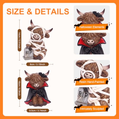 Halloween Highland Cow Decor Set - Resin Vampire & Mummy Figurines - Multicolor 10