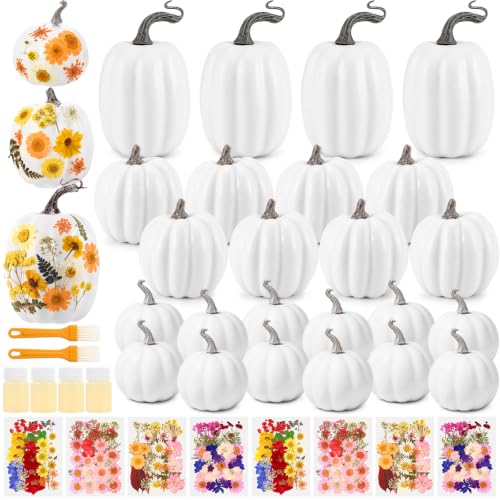White Artificial Pumpkin Craft Kit with Dried Flowers, 24 Pieces