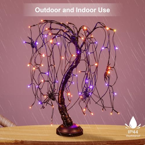 Halloween 24-Inch Lighted Willow Tree Bonsai with Orange & Purple LED Lights, Spiders - Tabletop Decor