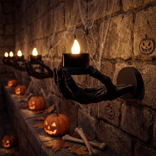 Halloween Skeleton Hand Wall Candle Holder Set - 6 Pieces with LED Candles