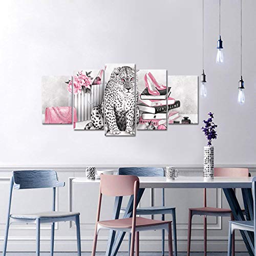 Leopard Canvas Wall Art Prints for Woman Bedroom - Pink, 60x32 Inches - 5 Piece Set