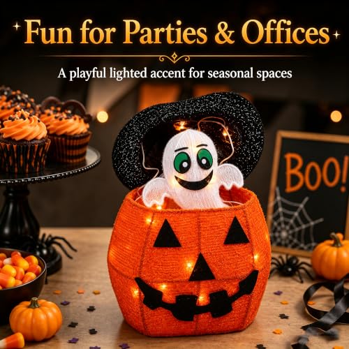 Outdoor Lighted Pop-Up Ghost Gift Box - Halloween Decor with Moving Ghost (Orange)