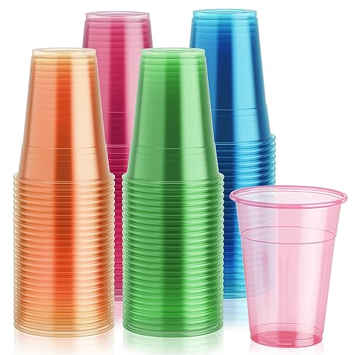 16 oz Neon Plastic Cups - Assorted Glow Party Cups, 100 Pack