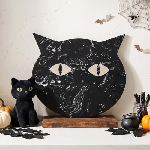 Halloween Cat Marble Cheese Board - Black 11x9.8 Inch Serving Tray with Variation Black/Cat