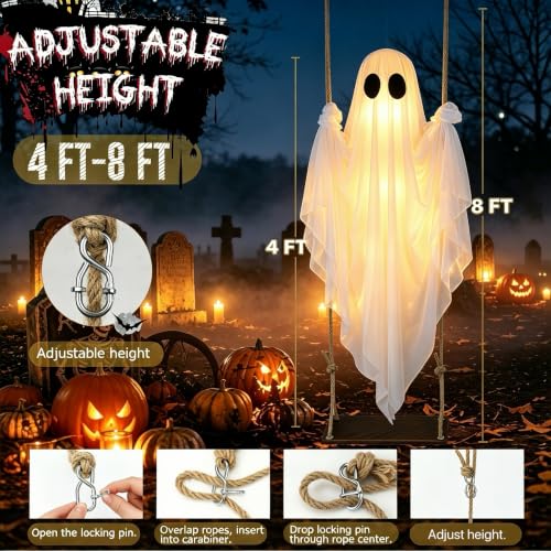 Outdoor Hanging Ghost Swing Decoration 4-8FT with Remote Light - White, Cool White Variation