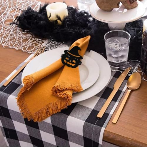 Halloween Napkin Rings Set of 12 - Black Pumpkin with Hat Metal Holders - Fall Party Decor