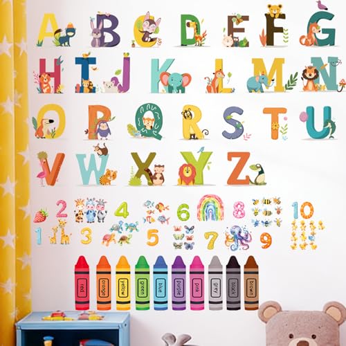 Multicolor Animal Alphabet Numbers Wall Stickers - Educational Classroom Decals