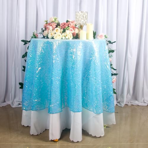 Iridescent Blue Sequin Round Tablecloth 72 Inch Glitter Overlay for Weddings & Parties