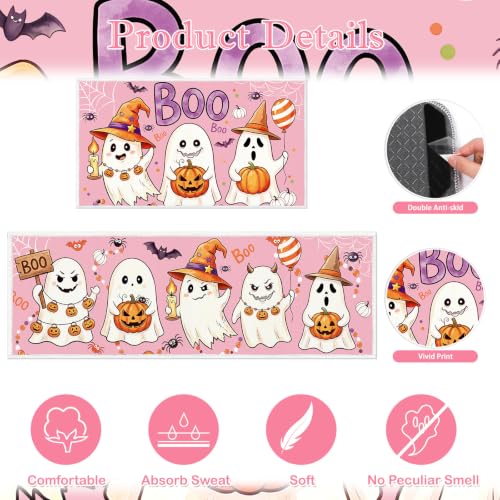 Halloween Kitchen Rug Set of 2 Pink Ghost & Pumpkin - Fall Indoor Home Decor